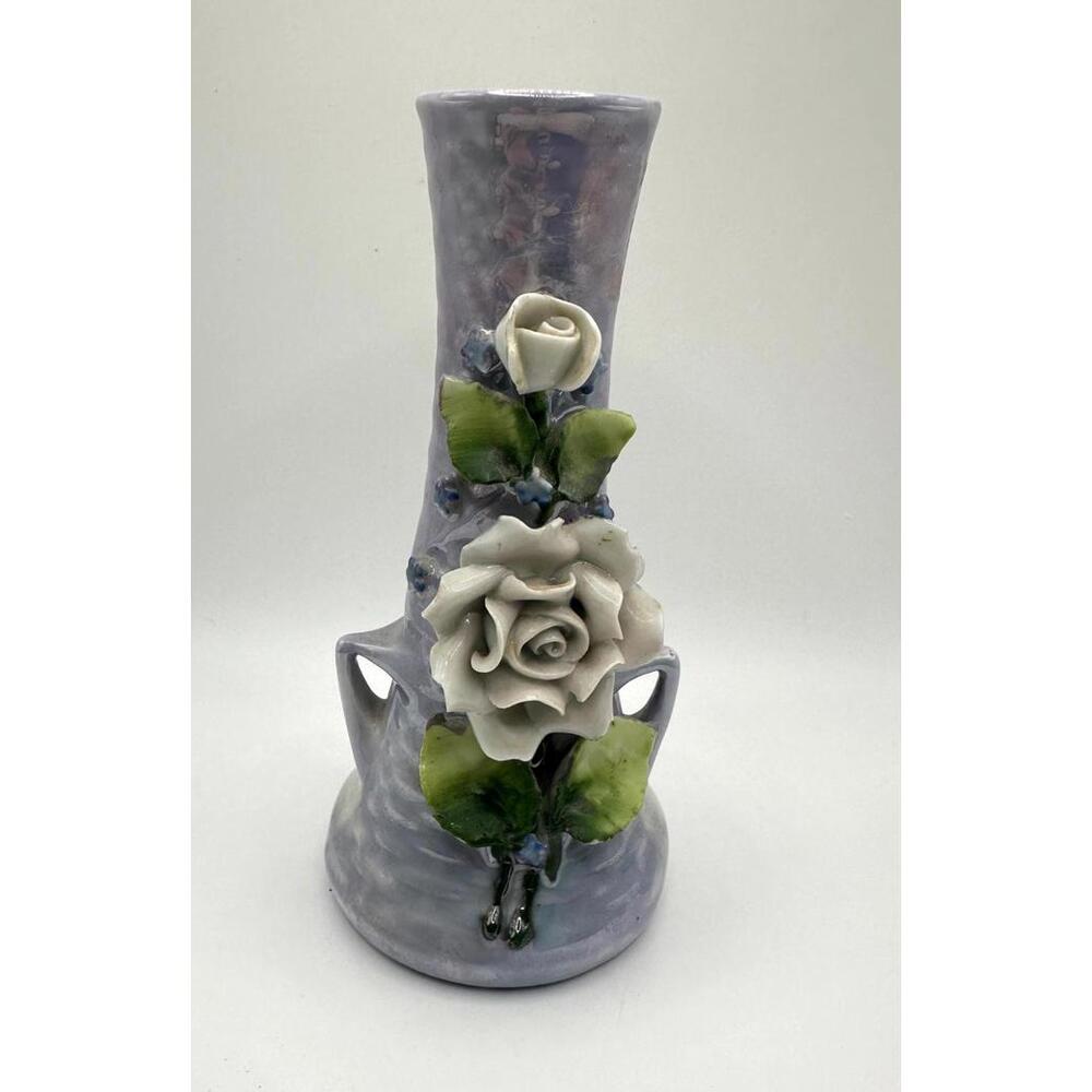 Vintage West Germany Elfinware Blue Lusterware Vase White Porcelain Flowers‎